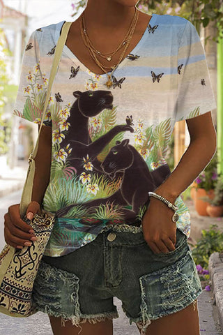 Panther Funny Butterfly Print Tie-Dye V Neck T-shirt
