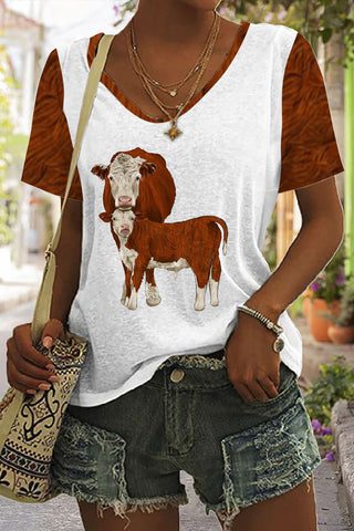 Western Cow Print Tie-Dye V Neck T-shirt