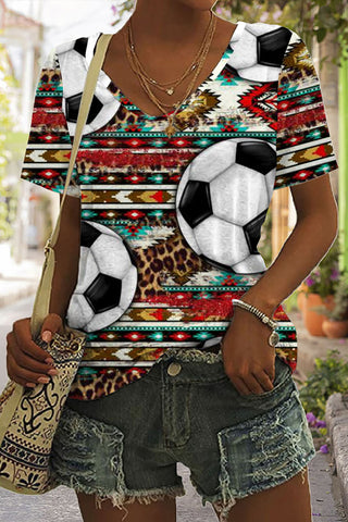 Aztec Soccer Print Tie-Dye V Neck T-shirt