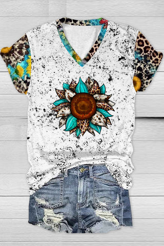 Western Cowhide Sunflower Leopard Print V Neck T-shirt