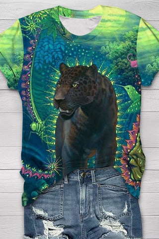 Panther Art Print Round Neck Short Sleeve T-shirt