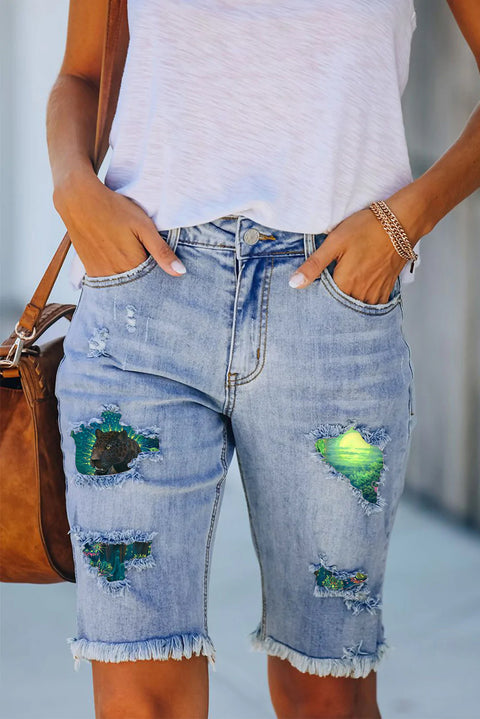 Panther Art Print Denim Shorts