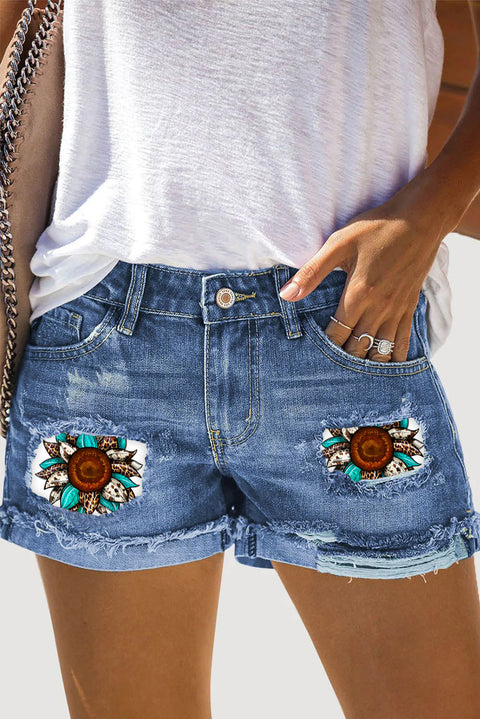 Western Cowhide Sunflower Leopard Print Ripped Denim Shorts