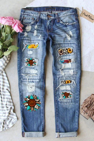 Western Cowhide Sunflower Leopard Print Ripped Denim Jeans