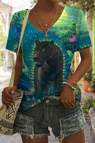 Panther Art Print Tie-Dye V Neck T-shirt