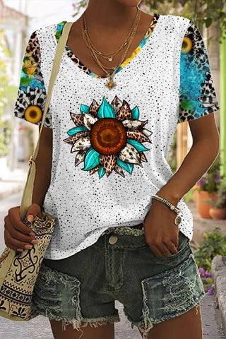 Western Cowhide Sunflower Leopard Print Tie-Dye V Neck T-shirt