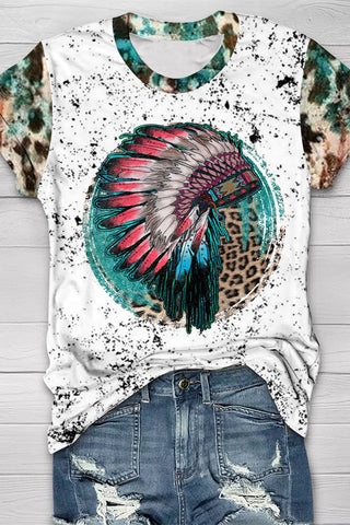 Indians Leopard Print Round Neck Short Sleeve T-shirt