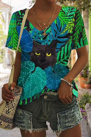 Jungle Art Print Tie-Dye V Neck T-shirt