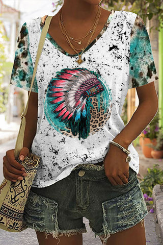 Indians Leopard Print Tie-Dye V Neck T-shirt
