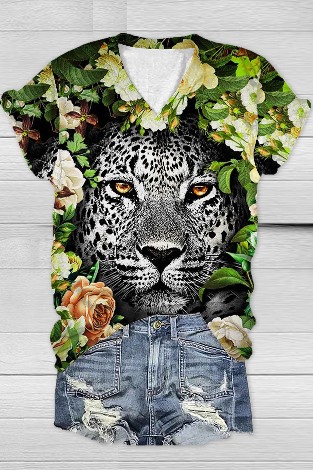 Panther Flower Print V Neck T-shirt