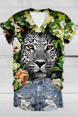 Panther Flower Print V Neck T-shirt
