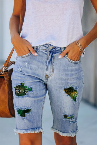 You Are Being Watched By Jungle Eyes Print Denim Shorts