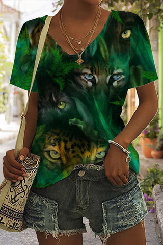 You Are Being Watched By Jungle Eyes Print Tie-Dye V Neck T-shirt
