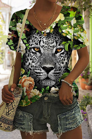 Panther Flower Print Tie-Dye V Neck T-shirt