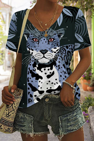 Panther In The Jungle Print Tie-Dye V Neck T-shirt