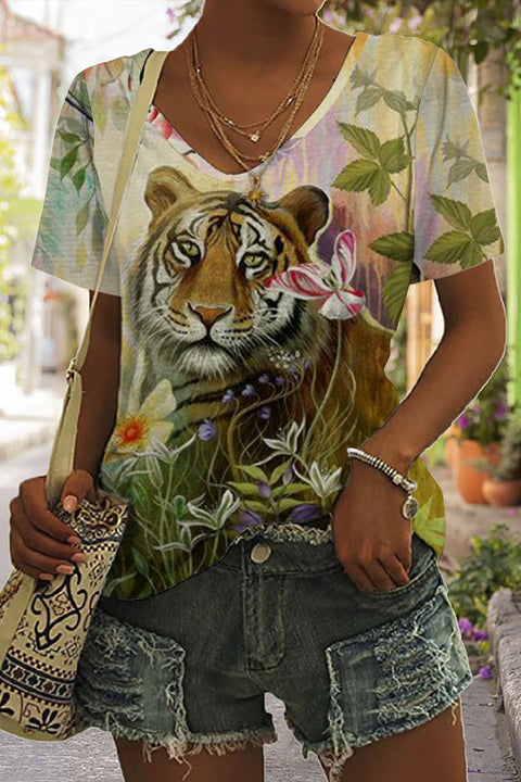 Tiger Flower Print Tie-Dye V Neck T-shirt