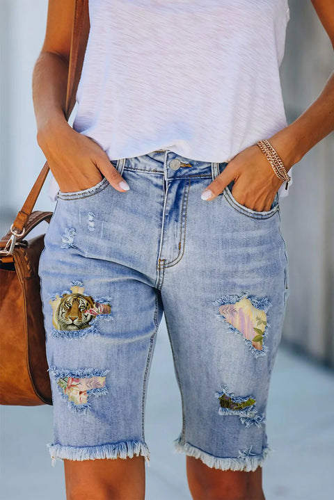 Tiger Flower Print Denim Shorts