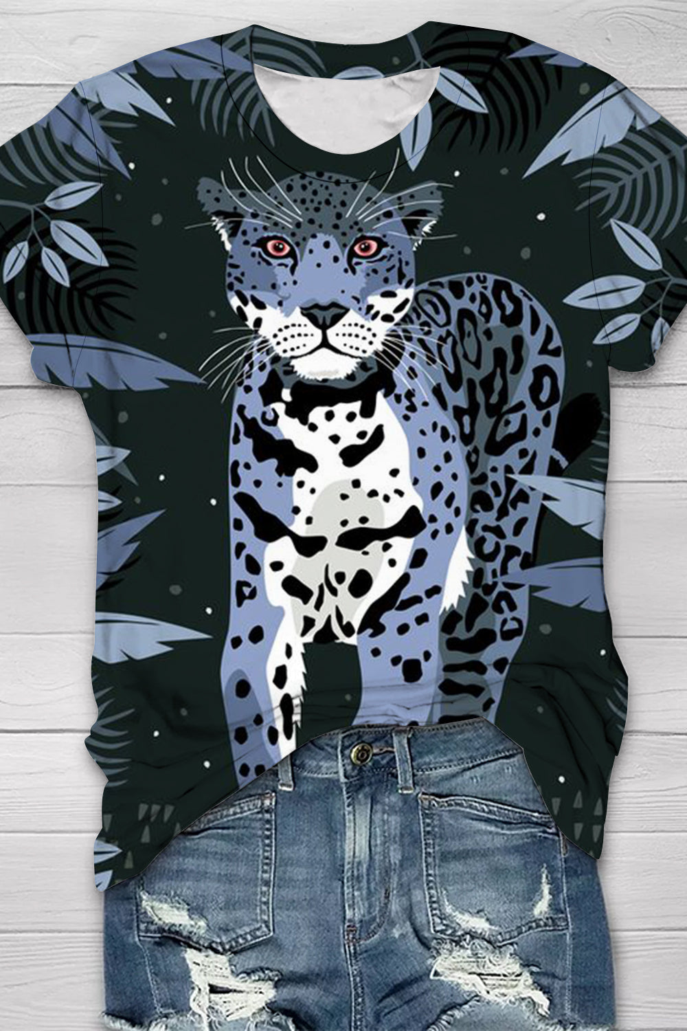 Panther In The Jungle Print Round Neck Short Sleeve T-shirt