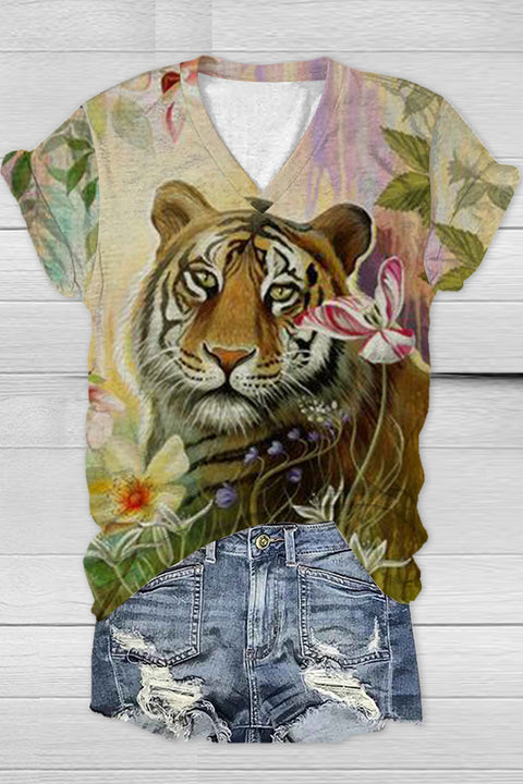 Tiger Flower Print V Neck T-shirt