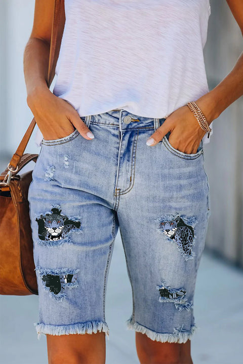 Panther In The Jungle Print Denim Shorts