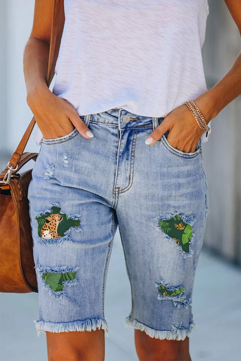 Jungle Cat Butterfly Print Denim Shorts