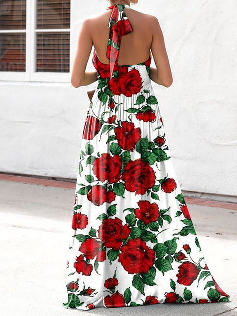 Women's Elegant Fashion Floral Print Halter Neck Dress