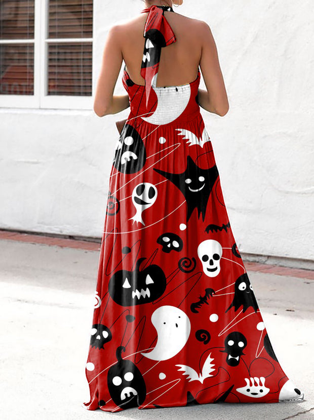 Women's Elegant Fashion Halloween Print Halter Neck Dress