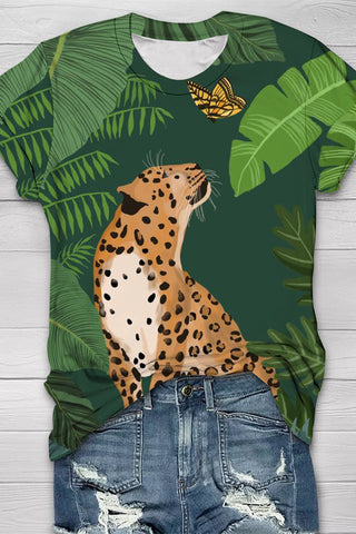 Jungle Cat Butterfly Print Round Neck Short Sleeve T-shirt