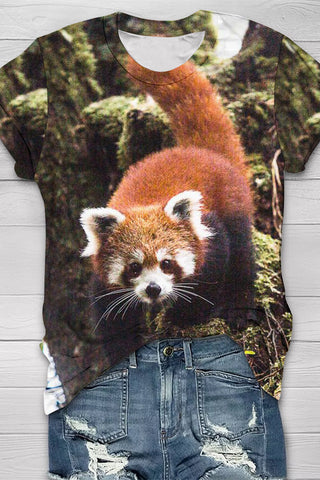 Red Pandas In The Forest Print Round Neck Short Sleeve T-shirt