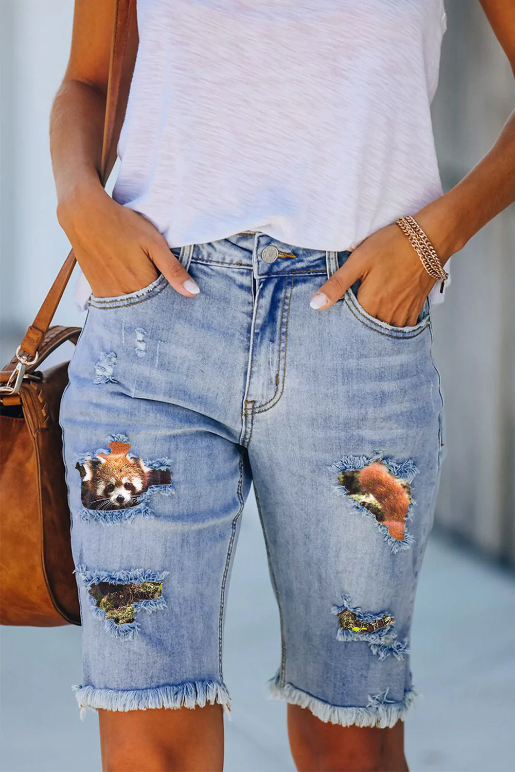 Red Pandas In The Forest Print Denim Shorts