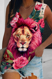 Lion Flower Print Sleeveless V-neck Tank