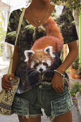 Red Pandas In The Forest Print Tie-Dye V Neck T-shirt