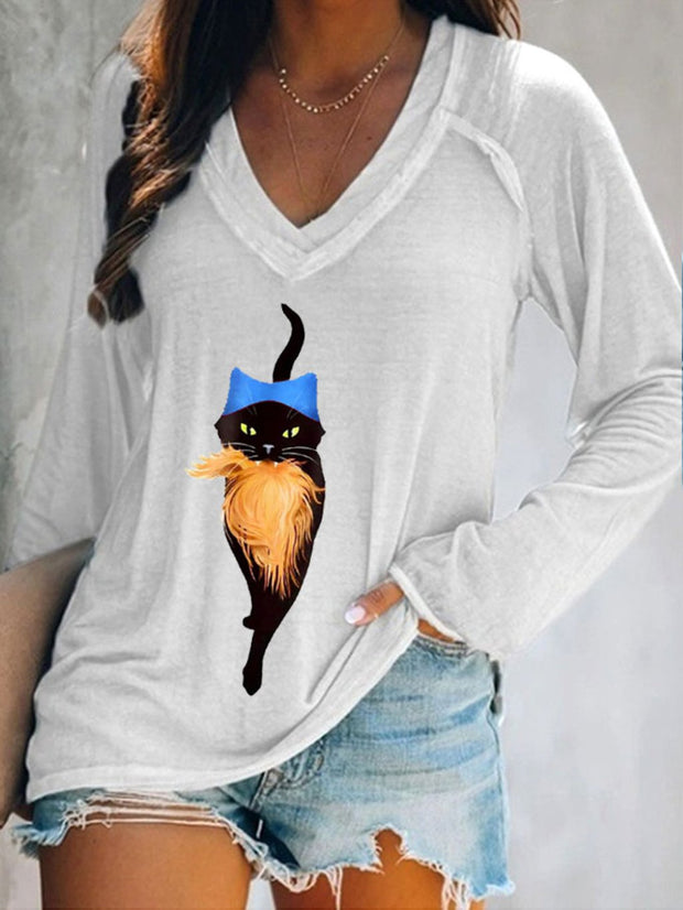 Women's Pussy Hat Cat&Orange Feminist Print V-Neck T-Shirt