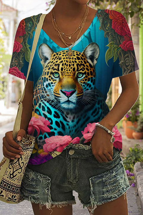 Tiger Flower Print Tie-Dye V Neck T-shirt