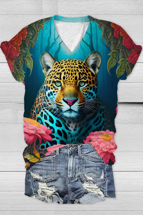 Tiger Flower Print V Neck T-shirt