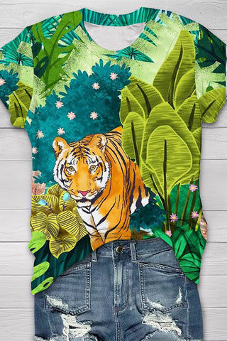 Tiger Wild Life Print Round Neck Short Sleeve T-shirt
