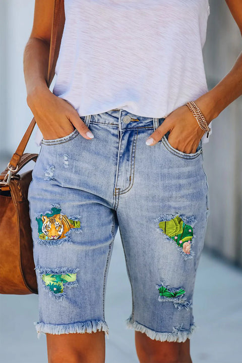 Tiger Wild Life Print Denim Shorts