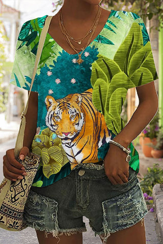 Tiger Wild Life Print Tie-Dye V Neck T-shirt