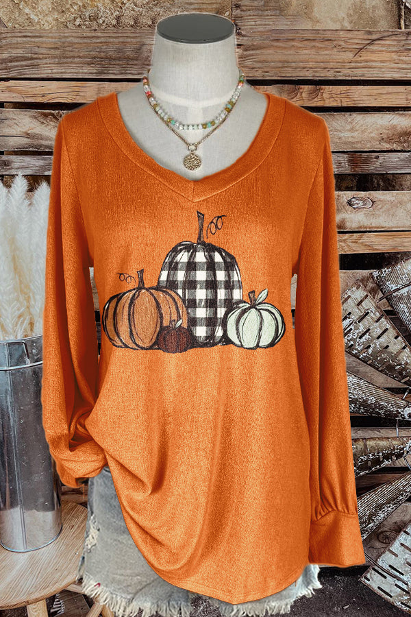 Orange Halloween Pumpkin V-neck Long-sleeved Top