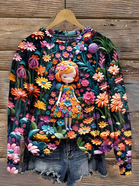 Women's 3D Doll Floral Art Illustration Printed Casual Round Neck Sweatshirt