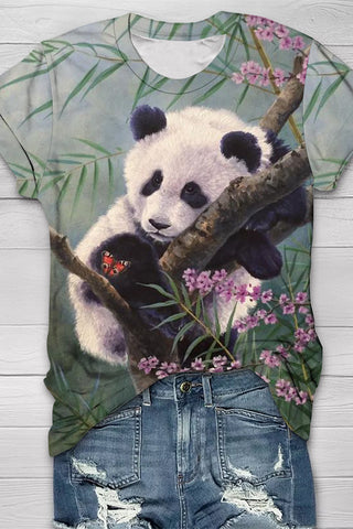 Pandas In The Forest Print Round Neck Short Sleeve T-shirt