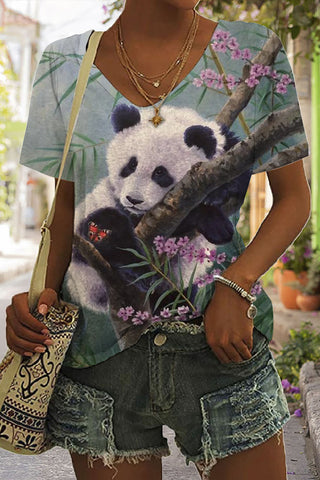 Pandas In The Forest Print Tie-Dye V Neck T-shirt