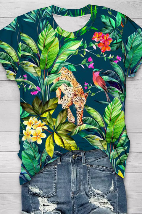 Panther In The Jungle Print Round Neck Short Sleeve T-shirt