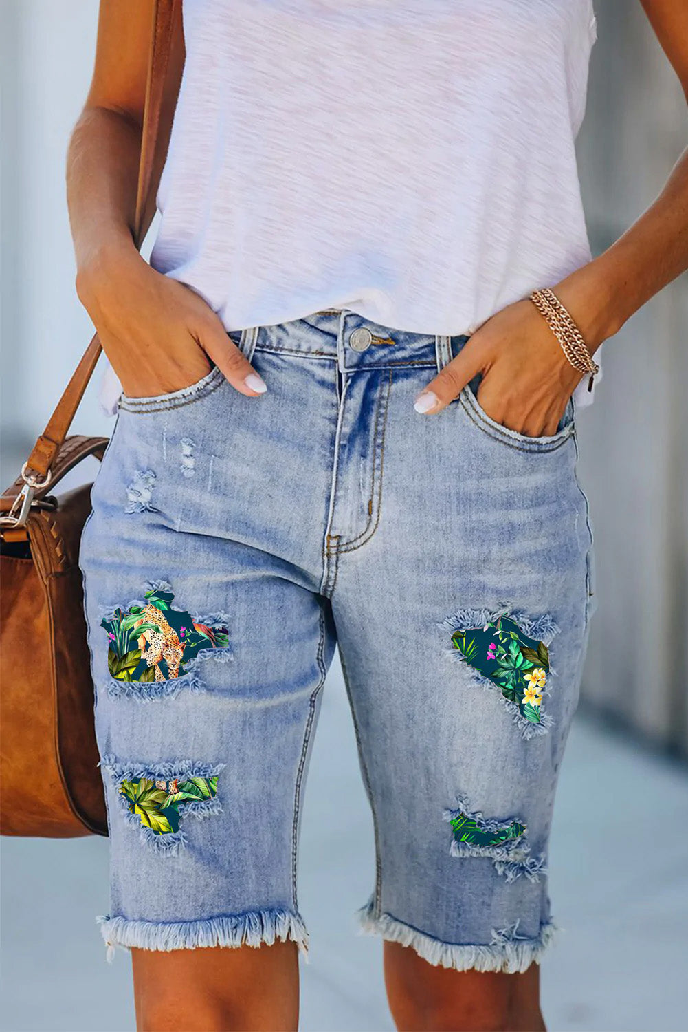 Panther In The Jungle Print Denim Shorts