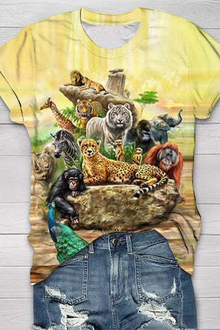 Animals In The Jungle Print Round Neck Short Sleeve T-shirt