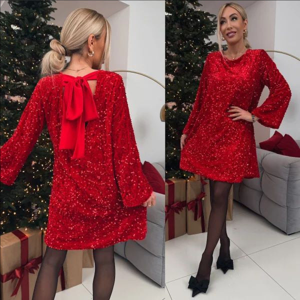 🔥✨ Christmas sale 50% off🎁Loose dress with velvet sequins and a bow on the back🎀