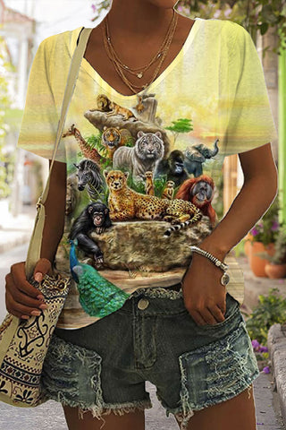 Animals In The Jungle Print Tie-Dye V Neck T-shirt