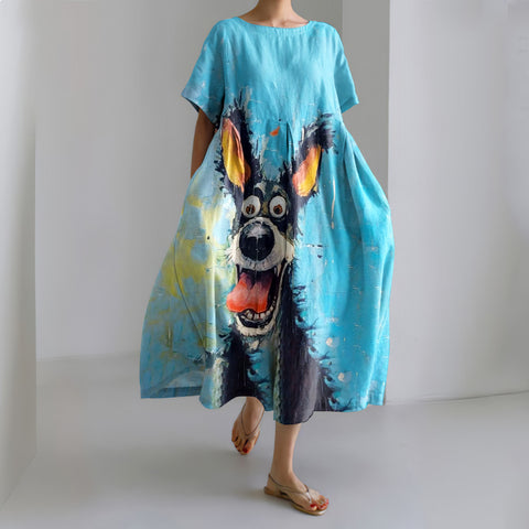 Oil Painting Cut Dog Print Short Sleeve Loose Midi Dress