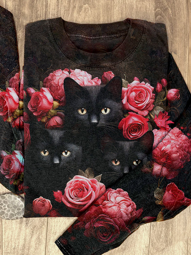 Unisex Cat Floral Art Print Casual T-Shirt