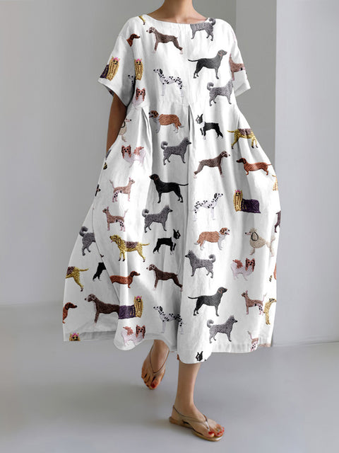 Dog Print Crew Neck Short Sleeve Midi Dress